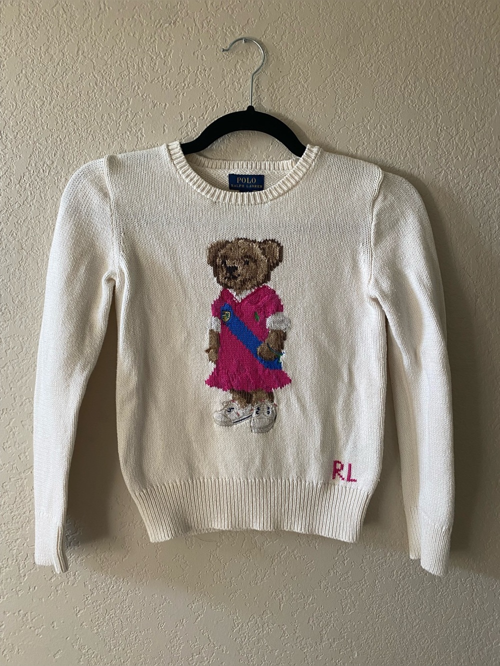 Polo Ralph Lauren Ivory Cotton Bear Sweater Girls Size Medium 8-10